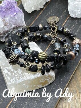 GOTH + BOHO + Black onyx layered multi charms bracelet